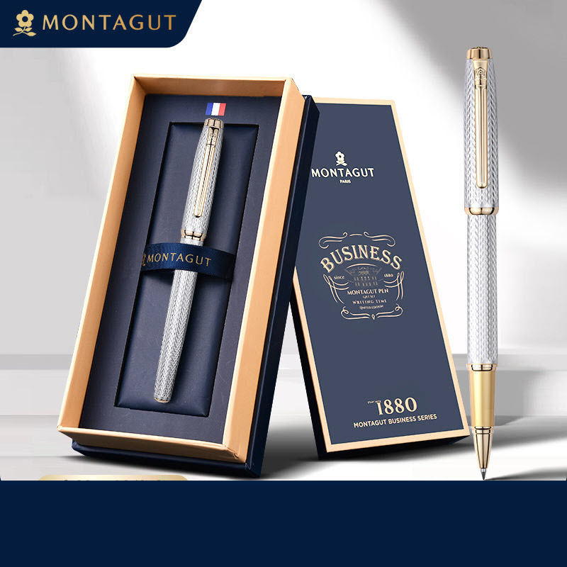 Bút bi ký tên Montagut 068 màu bạc dập vân cao cấp quà tặng doanh nghiệp (kèm hộp đựng và túi)