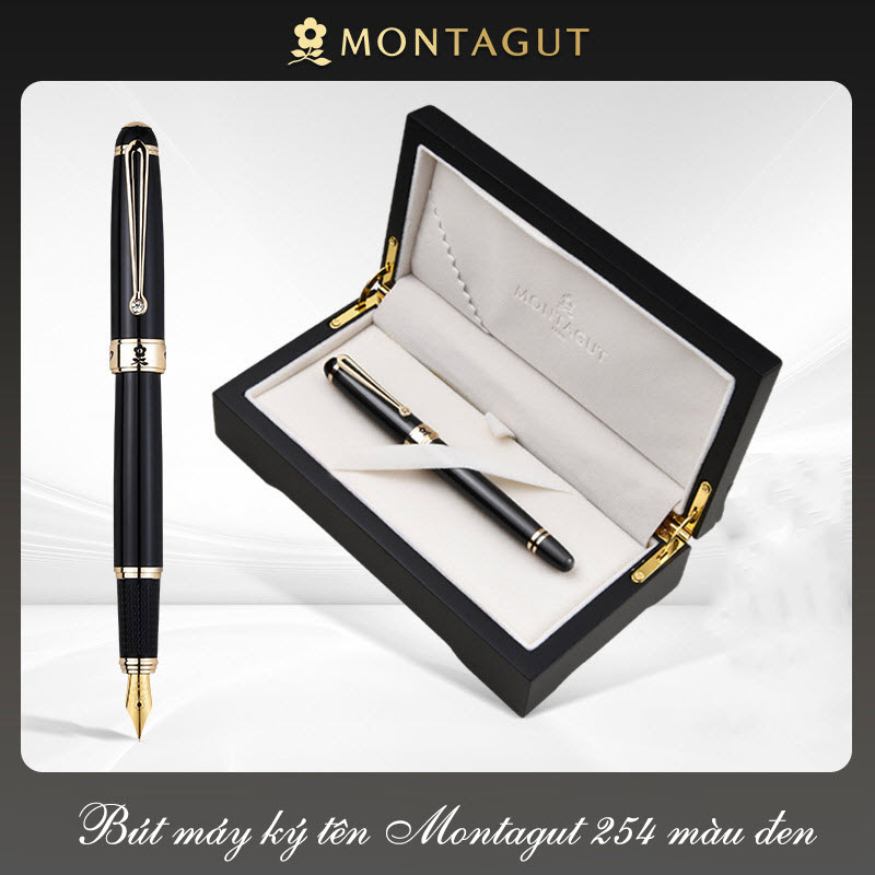 Bút máy ký tên Montagut 254 màu đen chính hãng hộp gỗ đính đá quà tặng cao cấp