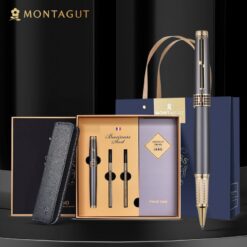 Set bút bi ký tên Montagut MT525 màu xám cao cấp kèm 2 ngòi và bao da