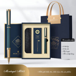 Set bút bi ký tên Montagut chính hãng M265 màu xanh quân đội đính đá cao cấp